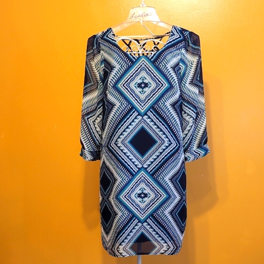 Halo Blue Sheath Dress with Dolman Sleeves and Crew Neck